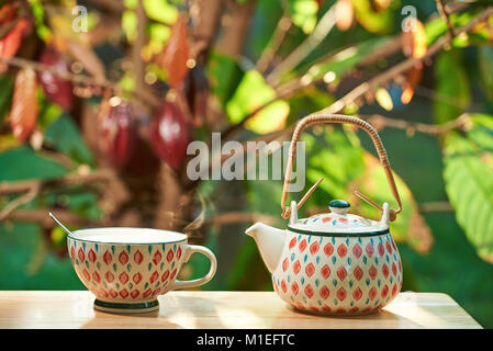 Hot chocolate drink in morning on blurred cacao tree background. Organic cacao drink Stock Photo