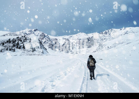 Person walking away down a snowy winter road through country fiel in a scenic landscape conceptual of the seasons Stock Photo