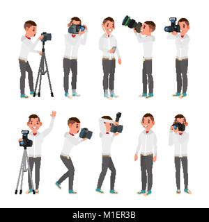 Professional Photographer Vector. Male In Different Poses. Lights And Cameras. Creative Occupation. Profession. Tripod Equipment. Isolated Flat Cartoon Character Illustration Stock Vector