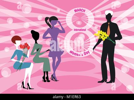A man presents yellow mimosa flowers to the women for the 8th of March, the women's day. Stock Vector