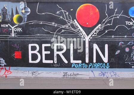 BERLIN, GERMANY - AUGUST 26, 2014: Urban art of East Side Gallery in Berlin. Part of former Berlin Wall is covered in art by more than 100 artists sin Stock Photo
