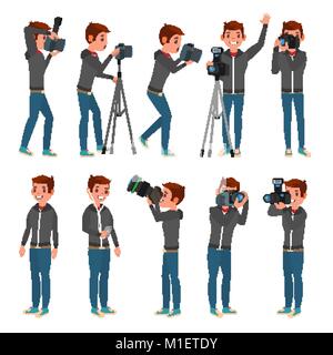 Photographer Vector. Modern Camera. Posing. Full Length Taking Photos. Photojournalist Design. Flat Cartoon Illustration Stock Vector