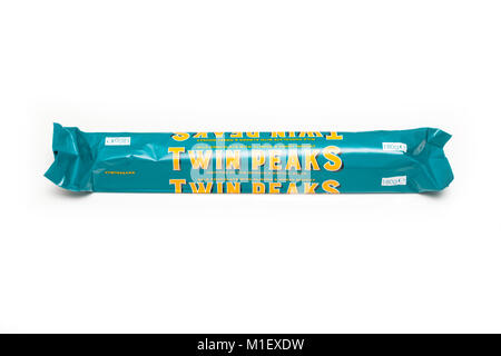 Poundland's Twin Peaks £1 chocolate bar a Toblerone bar lookalike, isolated on a white studio background. Stock Photo