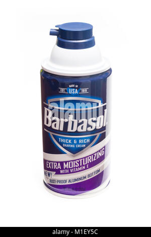 Can of Barbasol shaving cream  isolated on a white studio background.. Stock Photo