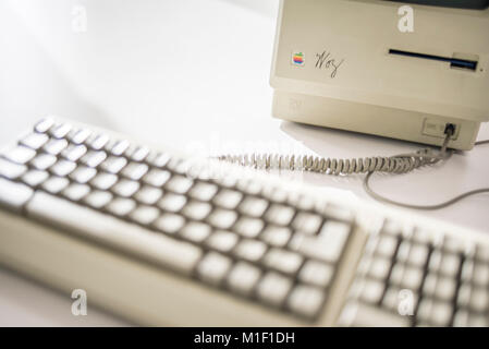 Macintosh 128K, signed by Steve Wozniak, release date January 1984, exhibited at MacPaw's Ukrainian Apple Museum in Kiev, Ukraine on January 26, 2017.. Ukrainian developer MacPaw has opened Apple hardware museum at the company’s office in Kiev. The collection has more than 70 original Macintosh models dated from 1981 to 2017. Stock Photo