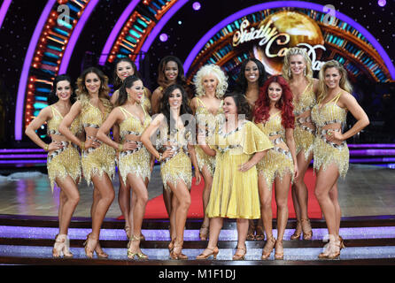 The girls together (L-R - Amy Dowden, Luba Mushtuk, Chloe Hewitt, Katya Jones, Oti Mabuse, Janette Manrara, Debbie McGee, Susan Calman, Alexandra Burk Stock Photo