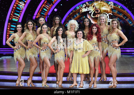 The girls together (L-R - Amy Dowden, Luba Mushtuk, Chloe Hewitt, Katya Jones, Oti Mabuse, Janette Manrara, Debbie McGee, Susan Calman, Alexandra Burk Stock Photo