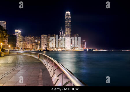 Night view of Central Plaza,Hong Kong Central Business District. View from the waterfront promenade and park along the Victoria bay in Hong Kong islan Stock Photo