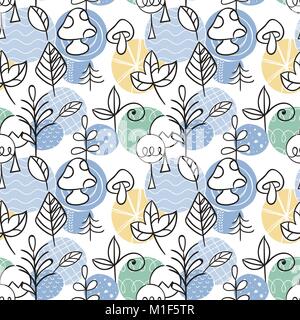 Seamless pattern in scandinavian style with cute tree and leaves. Forest vector illustration Stock Vector