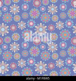 Seamless texture with Geometric bright colorful mandala shapes on blue background for wallpaper and textile design Stock Vector