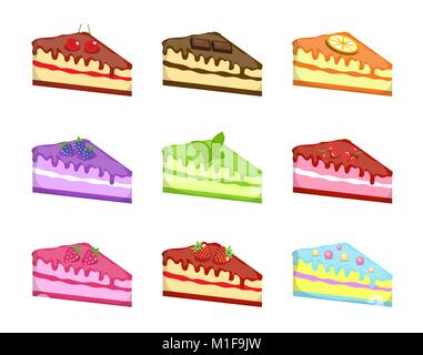 Pieces cake icons set, cartoon style. Cakes of different tastes collection design element. Cheesecake Sweets kit. Isolated on white background. Vector illustration, clip-art. Stock Vector