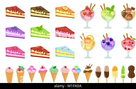 Sweets big set icons, cake and ice cream, cheesecake, dessert in a glass cup, cartoon style. Cakes of different tastes collection design element. Isolated on white background. Vector illustration. Stock Vector