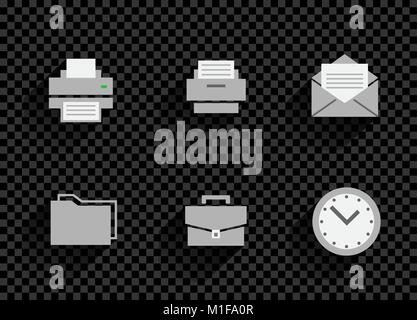 Business office white flat icon set collection printer watch folder mail with shadow on black transparent dark background Stock Vector