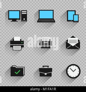 Office black flat icon set collection computer printer watch tablet smartphone folder mail with shadow on transparent background Stock Vector
