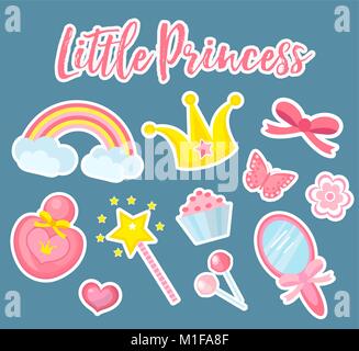 Little princess set of modern fashionable stickers, patches badges. Cute, pink accessories collection with mirror, perfume, rainbow, flowers, crown, magic wand. Vector illustration. Stock Vector