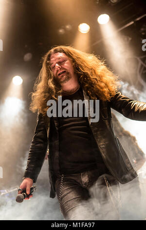 The Norwegian black metal band Borknagar performs a live concert at the Norwegian heavy metal festival Blastfest 2015 in Bergen. Here vocalist Paal Mathiesen is seen live on stage. Norway, 20/02 2015. Stock Photo