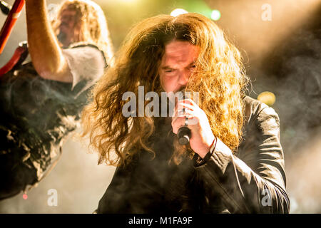 The Norwegian black metal band Borknagar performs a live concert at the Norwegian heavy metal festival Blastfest 2015 in Bergen. Here vocalist Paal Mathiesen is seen live on stage. Norway, 20/02 2015. Stock Photo