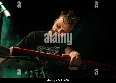 The Norwegian black metal band Borknagar performs a live concert at the Norwegian heavy metal festival Blastfest 2015 in Bergen. Here musician Lars Nedland is seen live on stage. Norway, 20/02 2015. Stock Photo