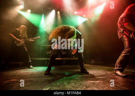 The Norwegian black metal band Borknagar performs a live concert at the Norwegian heavy metal festival Blastfest 2015 in Bergen. Here vocalist Paal Mathiesen is seen live on stage. Norway, 20/02 2015. Stock Photo