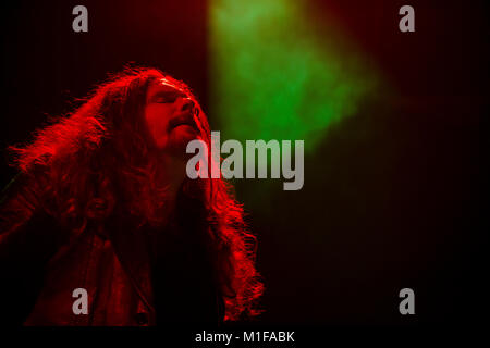 The Norwegian black metal band Borknagar performs a live concert at the Norwegian heavy metal festival Blastfest 2015 in Bergen. Here vocalist Paal Mathiesen is seen live on stage. Norway, 20/02 2015. Stock Photo