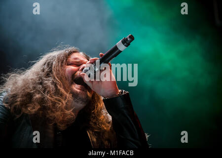 The Norwegian black metal band Borknagar performs a live concert at the Norwegian heavy metal festival Blastfest 2015 in Bergen. Here vocalist Paal Mathiesen is seen live on stage. Norway, 20/02 2015. Stock Photo