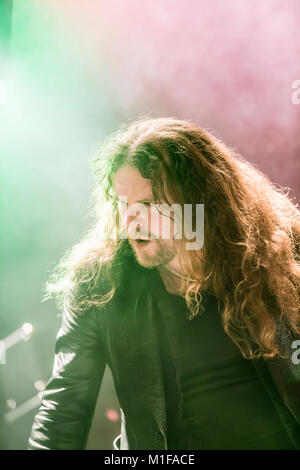 The Norwegian black metal band Borknagar performs a live concert at the Norwegian heavy metal festival Blastfest 2015 in Bergen. Here vocalist Paal Mathiesen is seen live on stage. Norway, 20/02 2015. Stock Photo