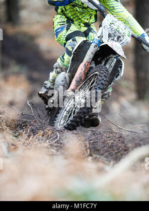 Moreton Forest, Moreton, Dorset, UK. 28th January, 2018. The bike of Josh Player (26) through the forest during the Dorset Enduro Winter Warmer Series Stock Photo