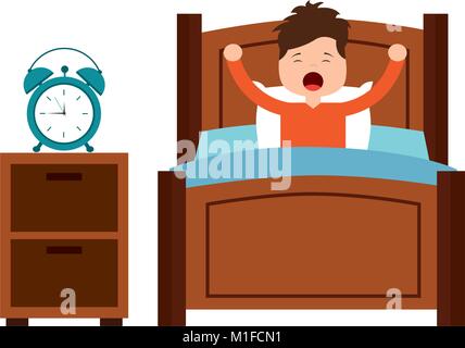 boy wake up stretching in wooden bed with bedside table clock Stock Vector