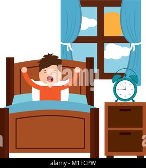 boy wake up stretching in wooden bed room bedside table clock window Stock Vector