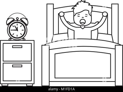 boy wake up stretching in wooden bed with bedside table clock Stock Vector