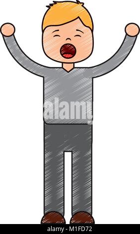 young cartoon boy yawning stretching arms Stock Vector