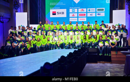 Ljubljana, Slovenia. 29th Jan, 2018. Part of team Slovenia members with their trainers and other staff at official presentation of the Slovenian Olympic team at Hotel Union. Credit: Matic Štojs/Alamy Live News Stock Photo