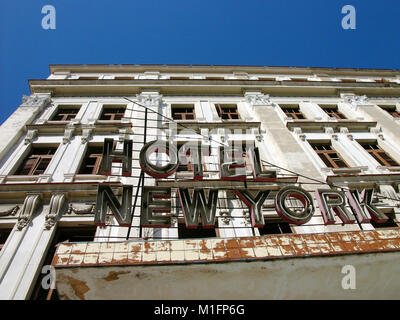 Feb 15, 2006; Havana, CUBA; Closed and run down Hotel New York in China town in Havana Viejo. The Republic of Cuba is located in the northern Caribbean and south of the United States. The first European to visit Cuba was explorer Christopher Columbus in 1492. Centuries of colonial rule and revolutions followed. Batista was deposed by Fidel Castro and Che guevara in 1953. After the revolution trade with comminist Russia grew. The economy was hit hard in the 1990s following the collapse of the Soviet Union. Cuba currently trades with almost every nation in the world, albeit with restrictions fro Stock Photo