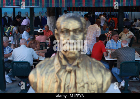 Jan. 24, 2012 - Miami, Florida, U.S. - Gold statue of Generalisimo Maximo Gomez at the domino park in Little Havana (La Pequena Habana) a neighborhood within the City of Miami. Maximo Gomez y Baez (November 18, 1836 in Bani, Dominican Republic - June 17, 1905 in Havana, Cuba) was a Major General in the Ten Years' War (1868Ð1878) and Cuba's military commander in that country's War of Independence (1895Ð1898)..(Credit Image: © Ruaridh Stewart/ZUMAPRESS.com) Stock Photo