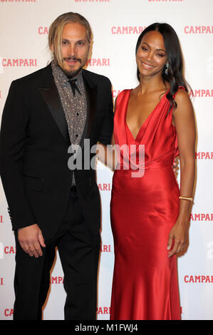 Milan, Italy. 30th Jan, 2018. Milan, Presentation of the short movie 'Campari red diaries' Pictured: Zoe Saldana with her husband Marco Perego Credit: Independent Photo Agency/Alamy Live News Stock Photo