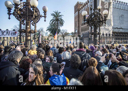 Barcelona, Spain. 30th Jan, 2018. Protesters seen during a demonstration to support Carles Puigdemont, former Catalan President in front of the Catalonia Parliament in Barcelona.Roger Torrent, President of the Catalonia Parliament, has finally canceled the parliamentary session who was scheduled for January 30, 2018 which could have form a new regional government. Credit: Victor Serri/SOPA/ZUMA Wire/Alamy Live News