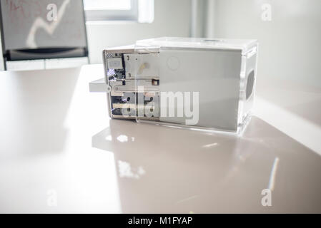 Power Mac G4 Cube, release date July 2000, exhibited at MacPaw's Ukrainian Apple Museum in Kiev, Ukraine on January 26, 2017. Ukrainian developer MacPaw has opened Apple hardware museum at the company’s office in Kiev. The collection has more than 70 original Macintosh models dated from 1981 to 2017. Stock Photo