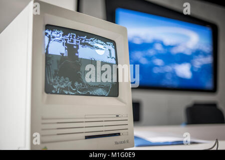 Macintosh SE FDHD, release date August 1989, exhibited at MacPaw's Ukrainian Apple Museum in Kiev, Ukraine on January 26, 2017. Ukrainian developer MacPaw has opened Apple hardware museum at the company’s office in Kiev. The collection has more than 70 original Macintosh models dated from 1981 to 2017. Stock Photo