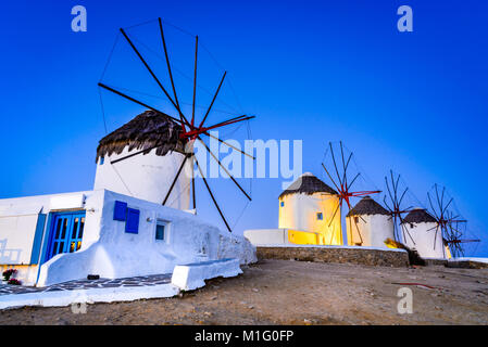 Mykonos, Greece. Kato Mili are iconic windmill of the Greek island of the Mikonos, Cyclades Islands. Stock Photo