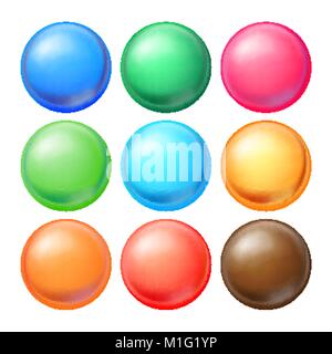 Round Spheres Set Vector. Set Opaque Multicolored Spheres With Glares, Shadows. Abstract Ellipse, Ball, Bubble, Button, Badge. Isolated Realistic Illustration Stock Vector
