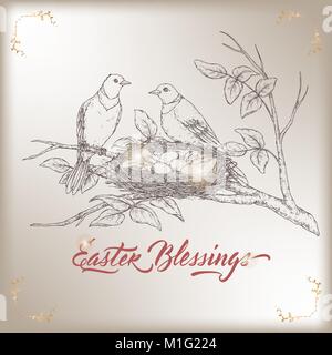 Easter greeting card with two birds and nest with eggs. Based on hand drawn sketch and brush calligraphy. Stock Vector