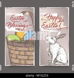 2 color Easter greeting cards with bunny and eggs in wicker basket. Based on hand drawn sketch and brush calligraphy. Stock Vector