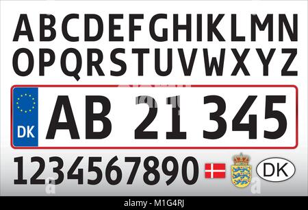 Danish car plate, letters, numbers and symbols traffic sign Stock Vector