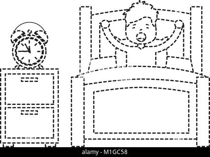 boy wake up stretching in wooden bed with bedside table clock Stock Vector