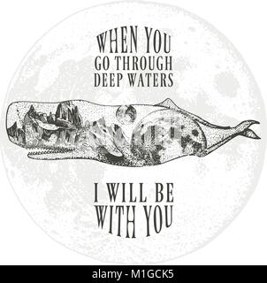 Blue Whales. space and the moon, fantasy or esoterics. logo or badge, emblem and quote. sea and animals. engraved hand drawn in old sketch and vintage style. Stock Vector
