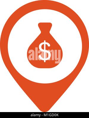 Money bag with dollar sign on red map pointer. Vector illustration Stock Vector