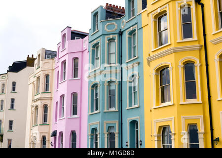 Colourful hotel frontages on the Esplanade at Tenby, Pembrokeshire, Wales, UK Stock Photo