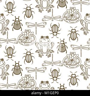 Elegant line style insect vector seamless pattern. Stock Vector