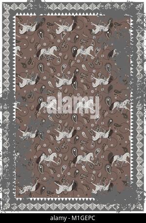 Horse and paisley grey brown vector carpet design. Stock Vector