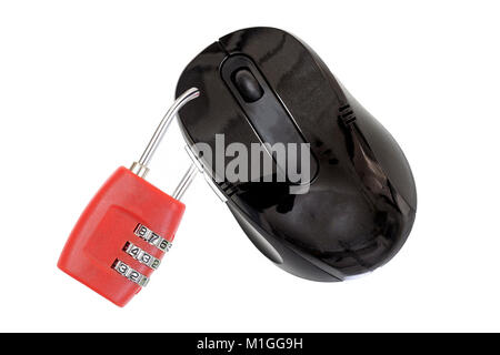 Image of a mouse mith a lock in front on white background with space for text Stock Photo